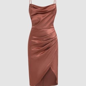 Cider Solid Satin Slit Midi Dress